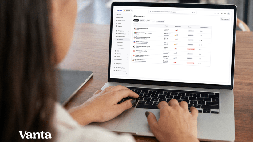 Professional typing on a laptop displaying Vantas AI Inventory dashboard with various AI agents and their risk levels.