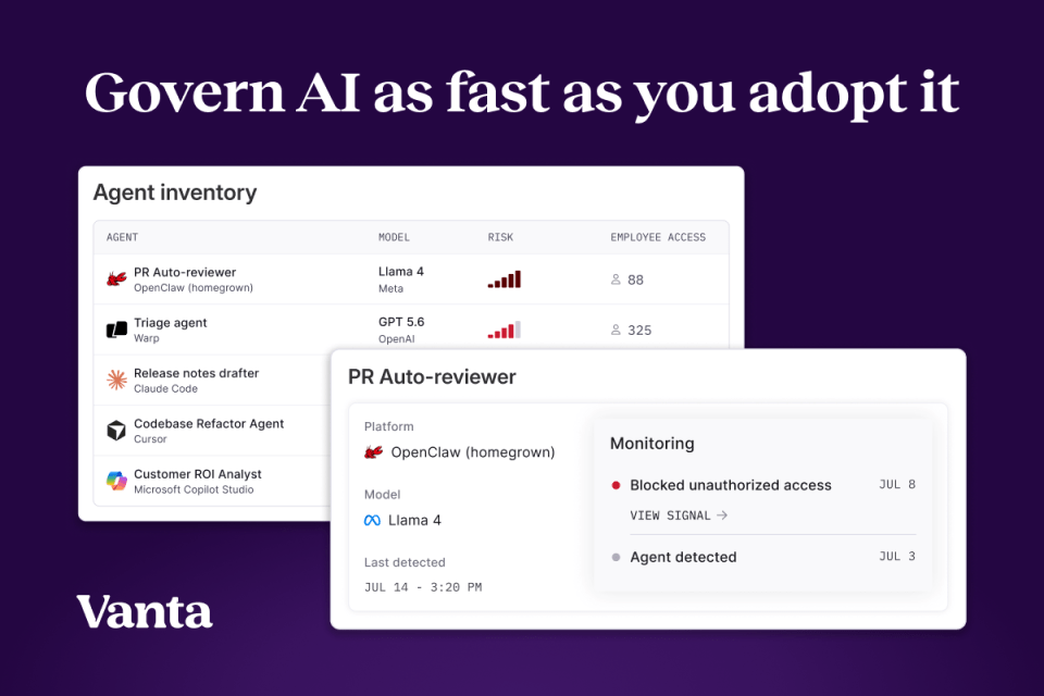 Vanta AI agent inventory dashboard showing PR Auto-reviewer details, monitoring, risk, and employee access.