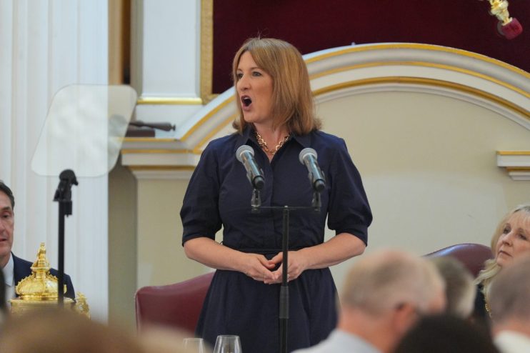 Rachel Reeves delivering a speech at Mansion House, addressing economic policies and future plans in a formal setting.