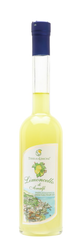 Terra Di Limoni Limoncello Di Amalfi bottle with vibrant lemons and Amalfi coast backdrop, highlighting Italian craftsmanship