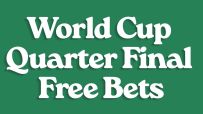 World Cup quarter-final free bets promotion with betting odds and vibrant graphics featuring flags of competing nations
