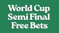 Excited fans holding banners at World Cup semi-final, showcasing vibrant team colors and anticipation for free bet offers