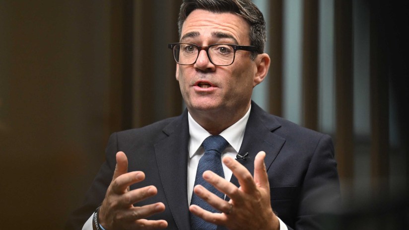 Andy Burnham, Mayor of Greater Manchester, speaking and gesturing during an interview