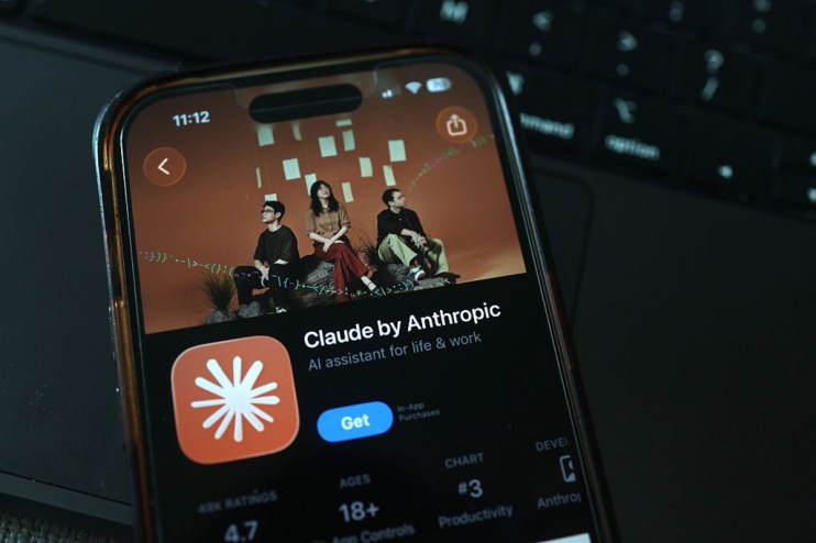 Smartphone displaying the Claude by Anthropic AI assistant app, showing the app icon and interface.