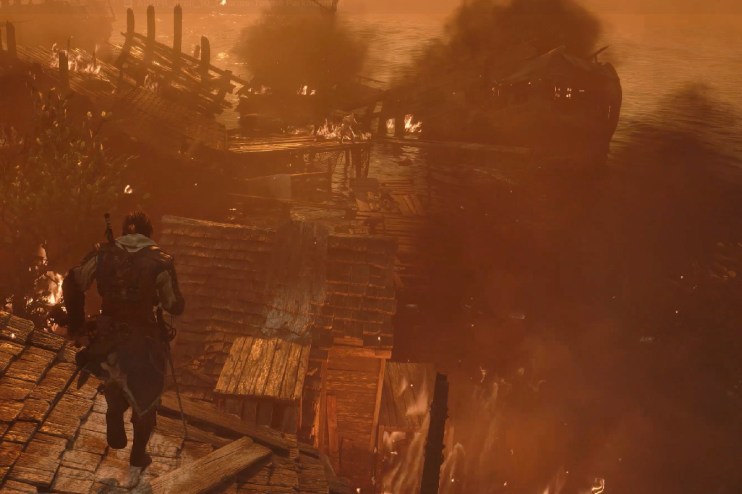 Assassins Creed Black Flag resynced scene featuring dramatic fire effects in a nighttime naval battle setting