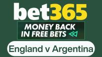 England vs Argentina match promotion with bet365 offering money back in free bets, highlighting the betting offer details