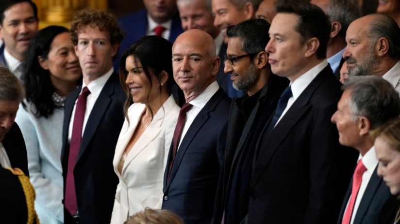 Mark Zuckerberg, Jeff Bezos, Elon Musk, and Sundar Pichai in a business meeting discussing future tech innovations.