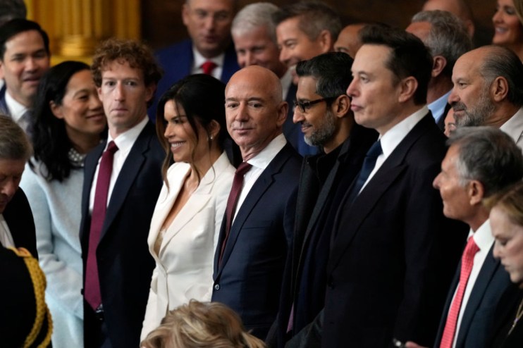 Mark Zuckerberg, Jeff Bezos, Elon Musk, and Sundar Pichai in a business meeting discussing future tech innovations.