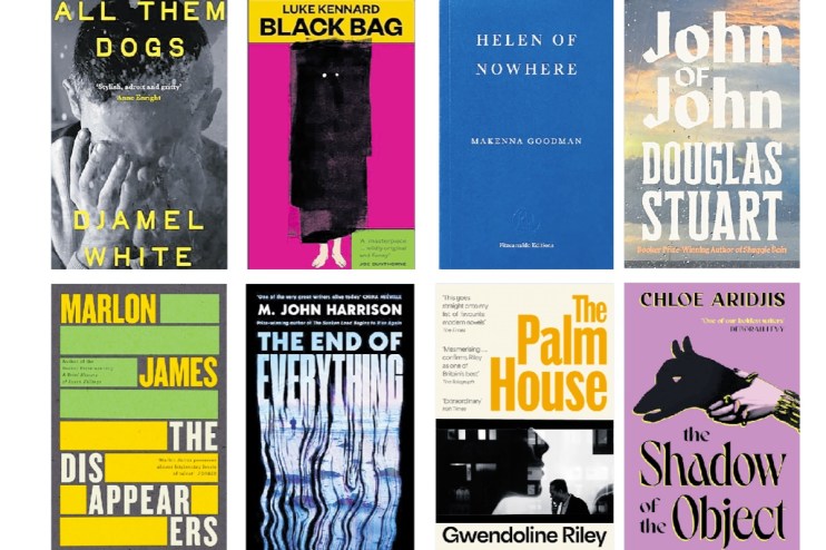 Collection of eight Booker Prize-nominated book covers, featuring various authors and titles.