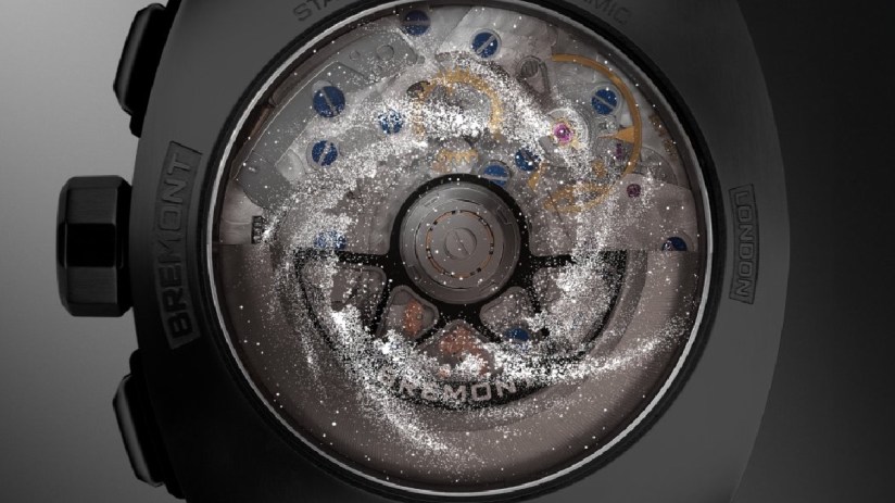 Bremont Stephen Hawking watch case back with visible movement and swirling celestial dust effect