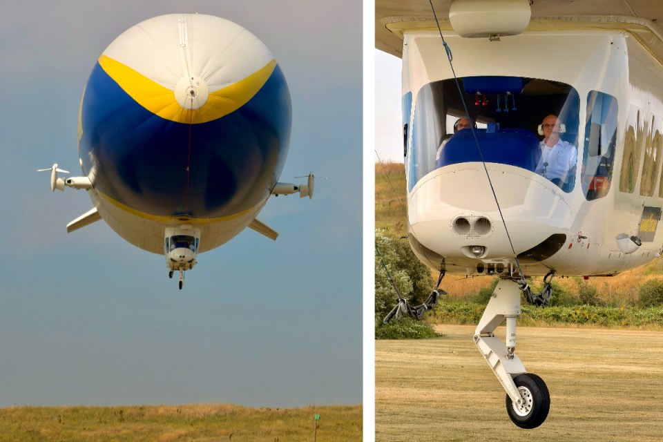 Goodyear blimp hovering outside under clear skies, showcasing its iconic branding, suitable for news and business contexts.