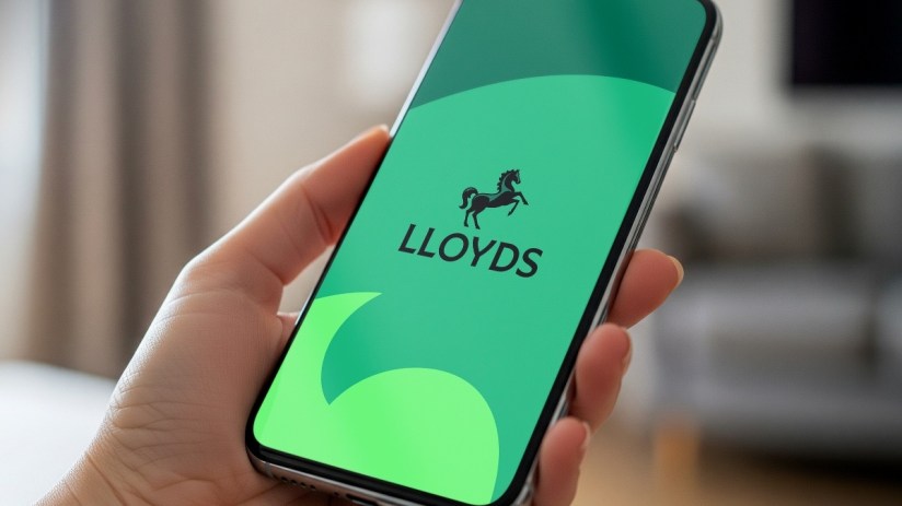 Hand holding a smartphone displaying the Lloyds Bank mobile app logo on a green screen.