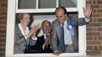 Norman Tebbit and Margaret Thatcher discussing political strategy at a conference, highlighting Conservative leadership dy...