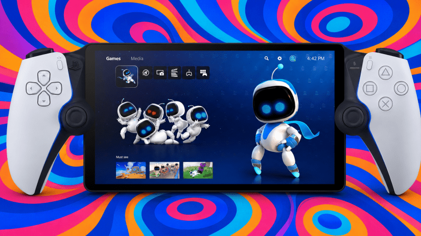 PlayStation Portal handheld device showcasing sleek design and advanced gaming features against a modern backdrop.
