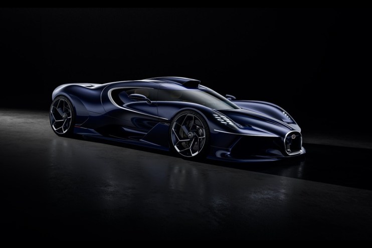 Dark blue Bugatti Solitaire Destrier hypercar with sleek design and silver trim, against a black background