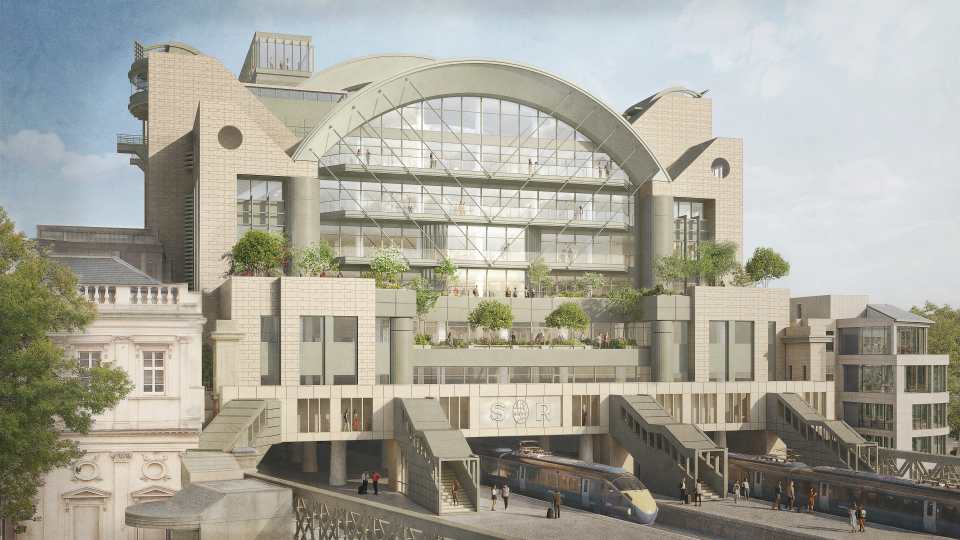 Architectural rendering of a modern, multi-story building with arched glass roof, balconies, and a train station below.