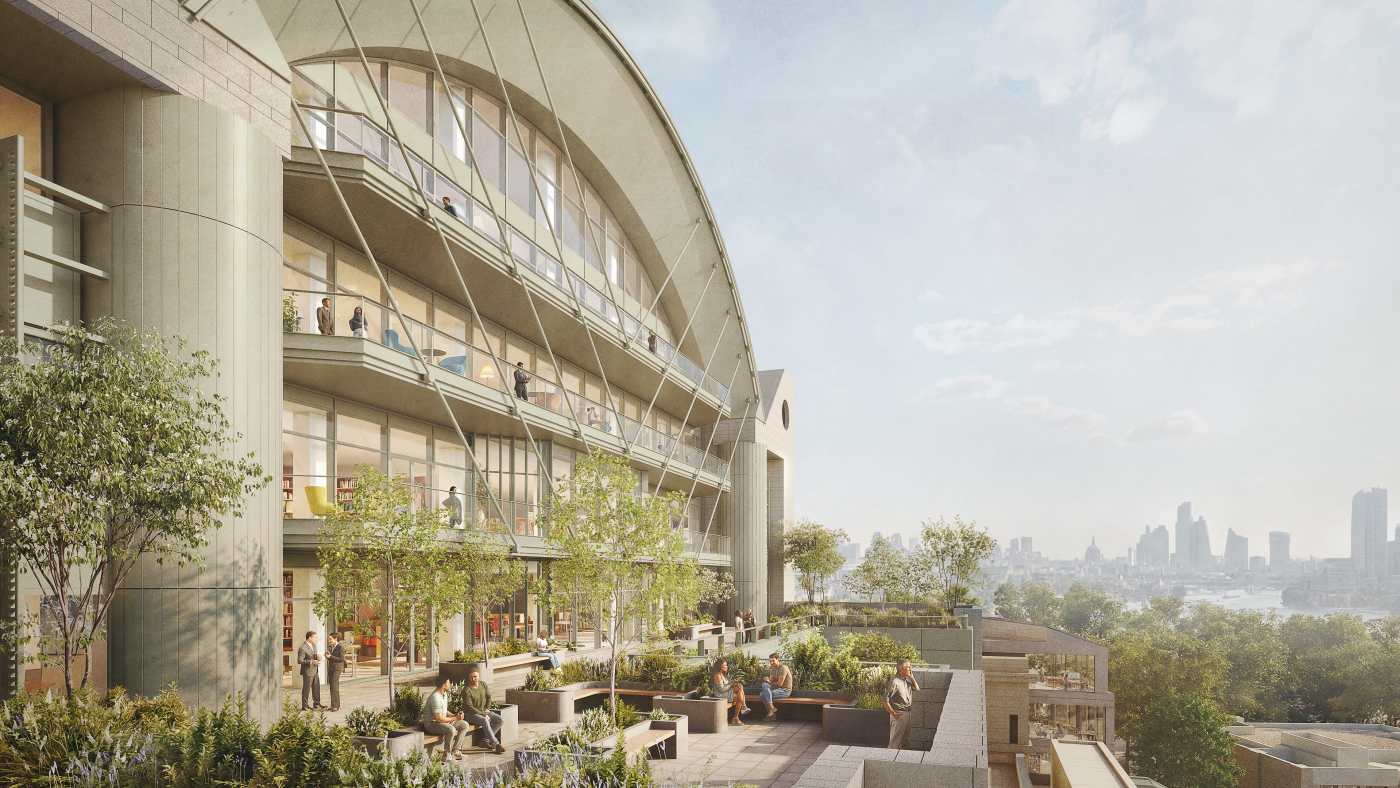 Architectural rendering of a modern building with a curved roof, balconies, and a landscaped terrace with city skyline views.