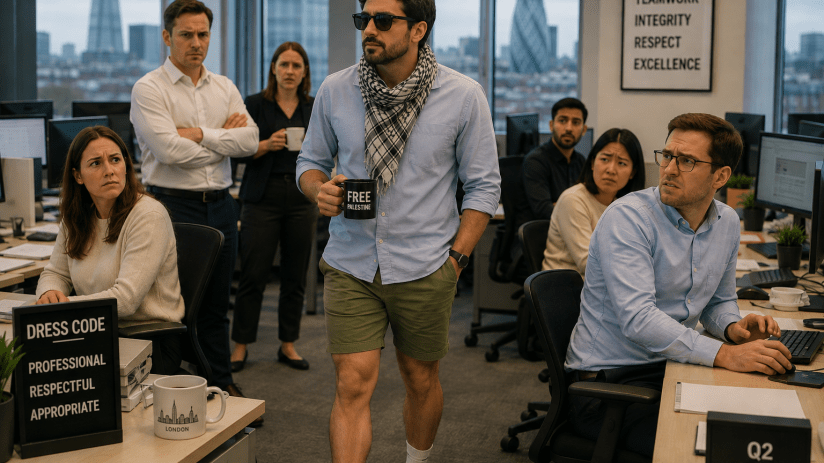 Man in shorts and sunglasses walking through an office, holding a Free Palestine mug, while colleagues watch in disbelief.