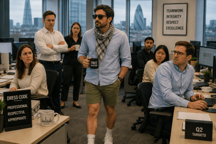 Man in shorts and sunglasses walking through an office, holding a Free Palestine mug, while colleagues watch in disbelief.