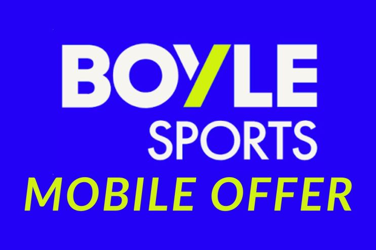 BoyleSports logo on a blue background with MOBILE OFFER in yellow text, highlighting a special promotion
