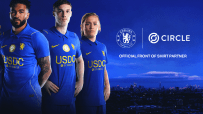 Four Chelsea FC players in blue jerseys with USDC by Circle branding, announcing their official front of shirt partnership.