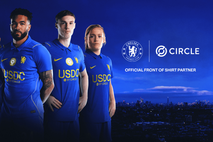 Four Chelsea FC players in blue jerseys with USDC by Circle branding, announcing their official front of shirt partnership.
