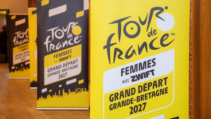 Tour de France Femmes avec Zwift banners promoting the Grand D&eacute;part in Great Britain 2027