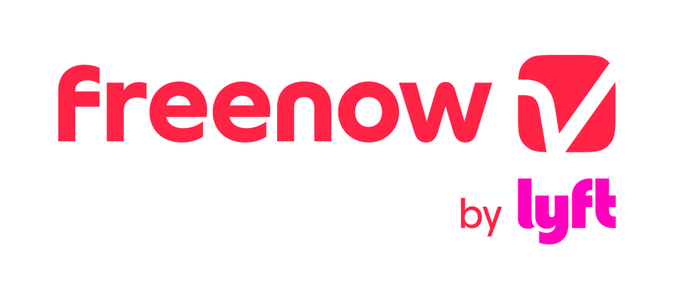 Freenow by Lyft logo in red and pink on a white background. Freenow is in red, by Lyft is in pink.