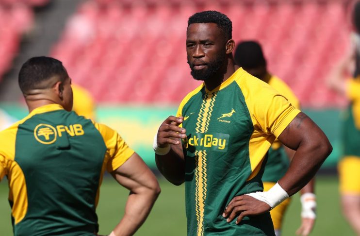 Siya Kolisi, Springboks captain, in a green and gold rugby jersey during a match
