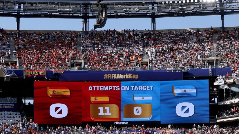 Large stadium scoreboard displaying Attempts on Target for Spain (11) and Argentina (0) with cheering fans.