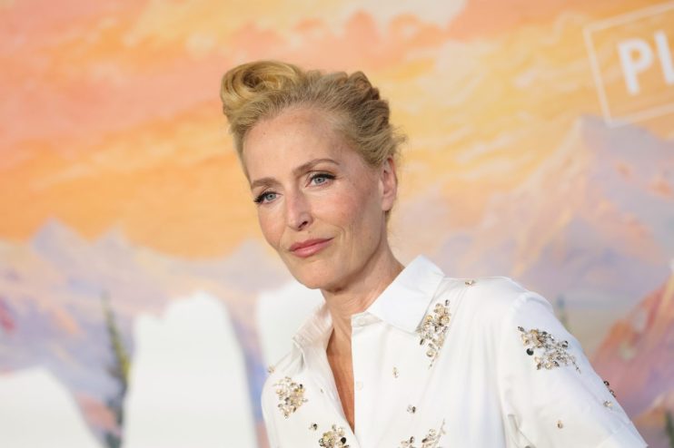 Gillian Anderson in a white collared shirt with embellishments, blonde hair updo, soft makeup, against a blurred backdrop