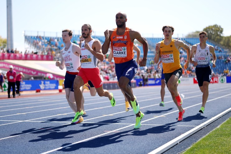 Runners from Great Britain, France, Netherlands, Germany, and Italy competing in a track event.