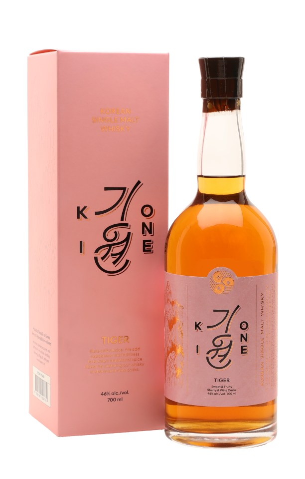 Ki One Tiger Korean Single Malt Whisky bottle and pink box, 700ml, 46% ABV.
