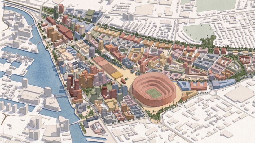 Architectural rendering of a vibrant, modern urban development surrounding a large football stadium