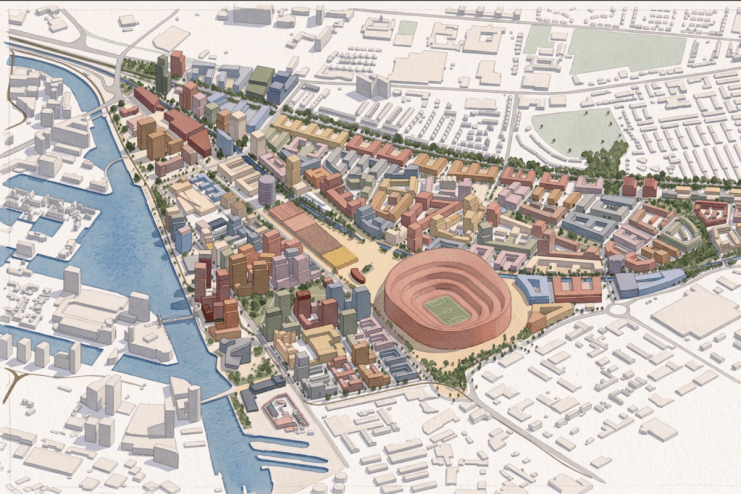 Architectural rendering of a vibrant, modern urban development surrounding a large football stadium