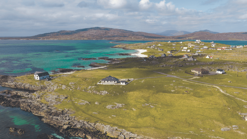 Aerial view of Outer Hebrides coastline, turquoise sea, white sand beach, green fields, and scattered homes.