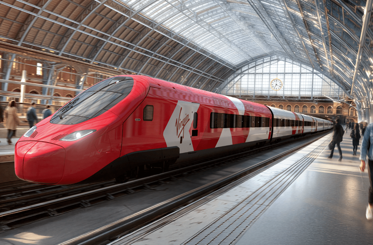 Red Virgin high-speed train on tracks at a station platform, under an arched glass roof, with blurred people.