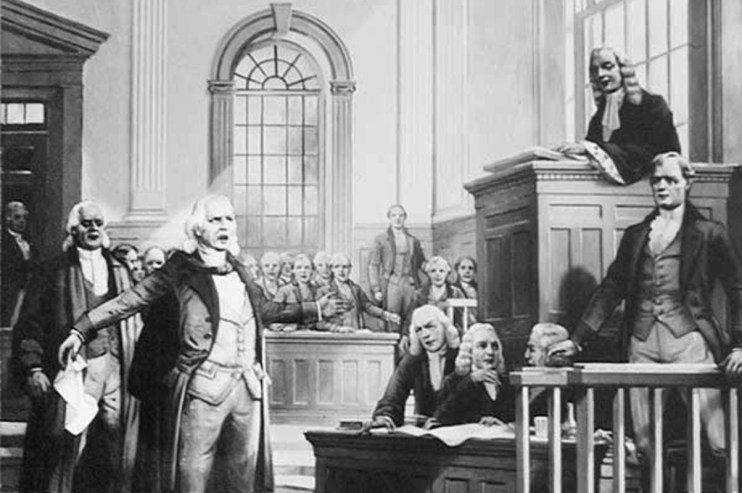 Black and white illustration of the Crown v. Zenger trial, featuring lawyers and observers in a courtroom.