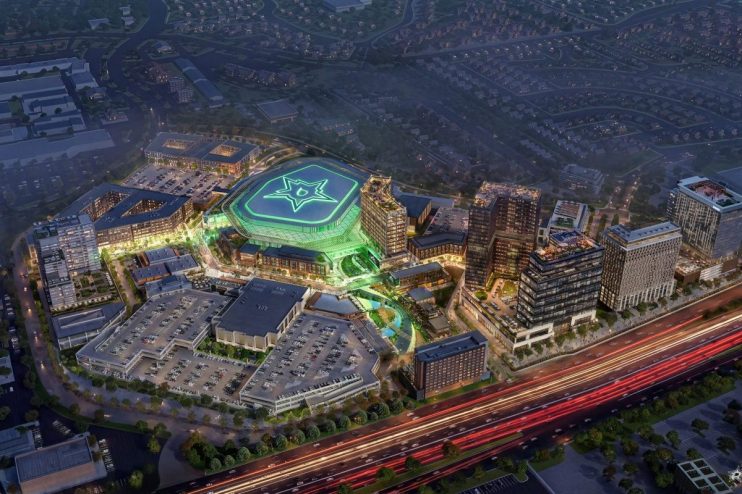 Aerial night rendering of a glowing Dallas Stars NHL arena surrounded by mixed-use buildings, roads, and homes.
