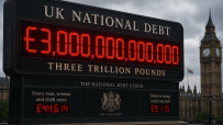 UK National Debt Clock showing &pound;3 trillion, with Big Ben and the Union Jack in the background.