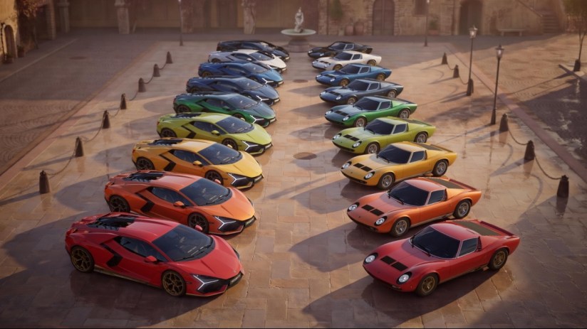 Modern and vintage supercar models, including Lamborghini Miuras, parked in a paved European-style plaza
