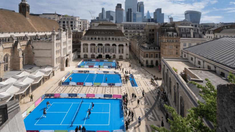 London Sports Festival at Guildhall Yard with temporary blue tennis courts and city skyline