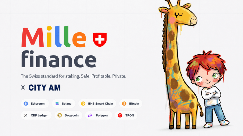Mille Finance and Morning Wire branding with a giraffe and child, showcasing crypto staking options.