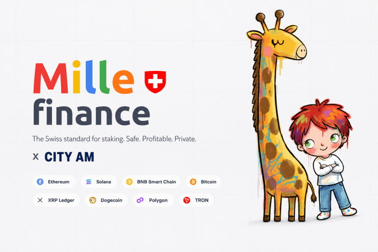 Mille Finance and Morning Wire branding with a giraffe and child, showcasing crypto staking options.