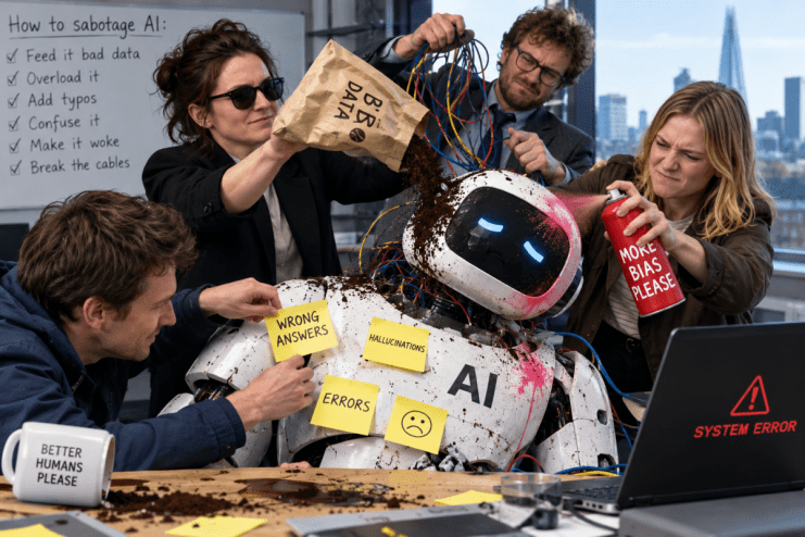 Three people sabotage a robot AI with bad data, spray paint, and tangling wires, causing system errors.