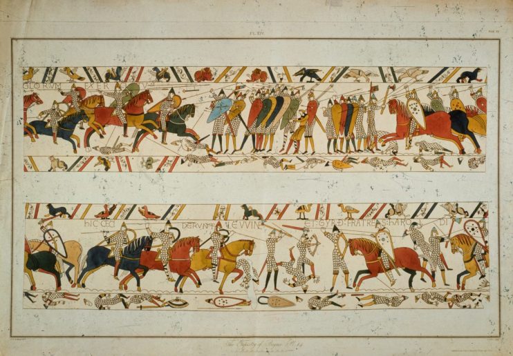 Bayeux Tapestry depicting soldiers on horseback and on foot in battle, with decorative borders.