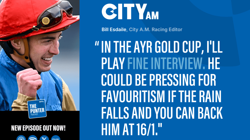 Smiling jockey in red helmet and blue silks, with CityAM branding and racing editor quote.