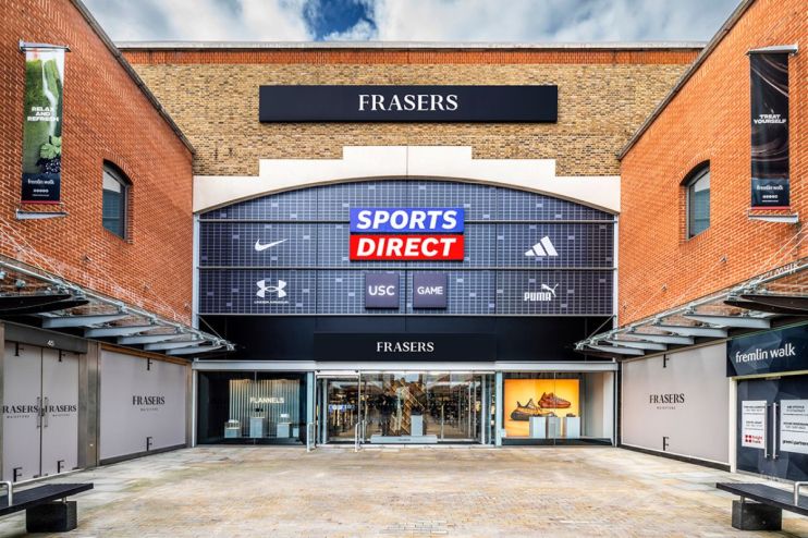 Frasers Group retail store exterior with prominent Sports Direct, Flannels, USC, and GAME branding.