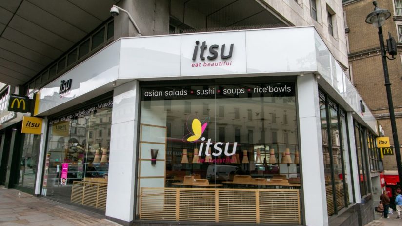 itsu restaurant storefront with eat beautiful slogan, showcasing Asian salads, sushi, soups, and rice bowls.