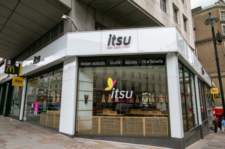 itsu restaurant storefront with eat beautiful slogan, showcasing Asian salads, sushi, soups, and rice bowls.